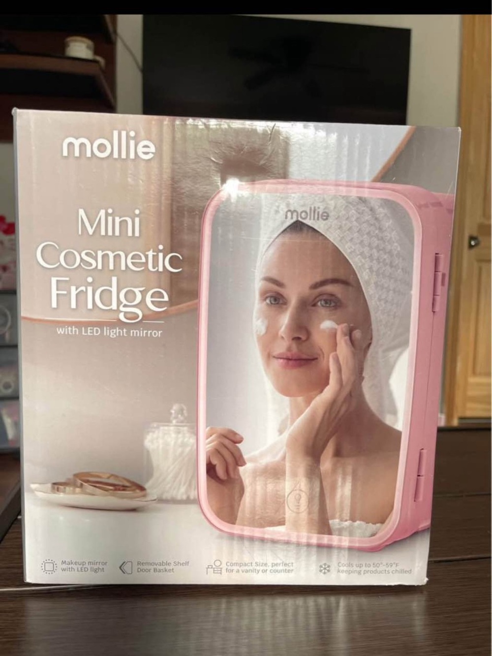 Molli Pink Mini Cosmetic Fridge with LED Mirror Front